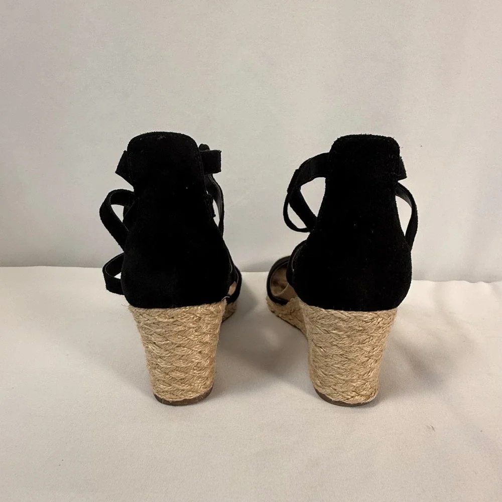 Vionic Calypso Black Suede Espadrille Wedge‎ Sandals Lace Up Cap Toe Women's 7.5